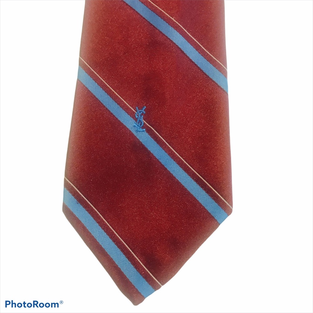 YSL Logo Tie Dark Red Slate Blue Stripe  3.25”W
